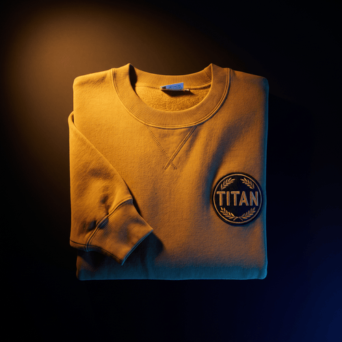 Mustard yellow crewneck sweatshirt with a circular "TITAN" patch on the chest, displayed on a dark background.