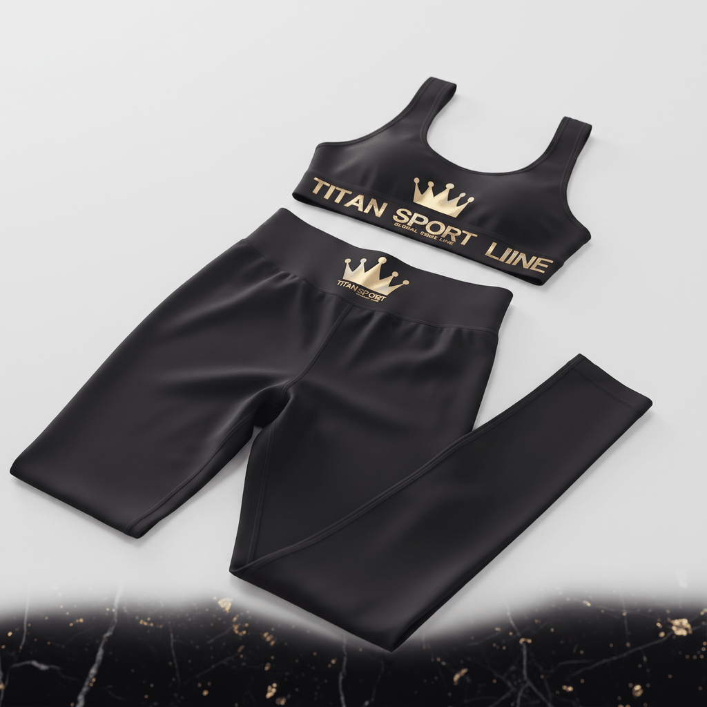 Black athletic set featuring a sports bra and leggings with gold crown logos and Titan Sport Line text.