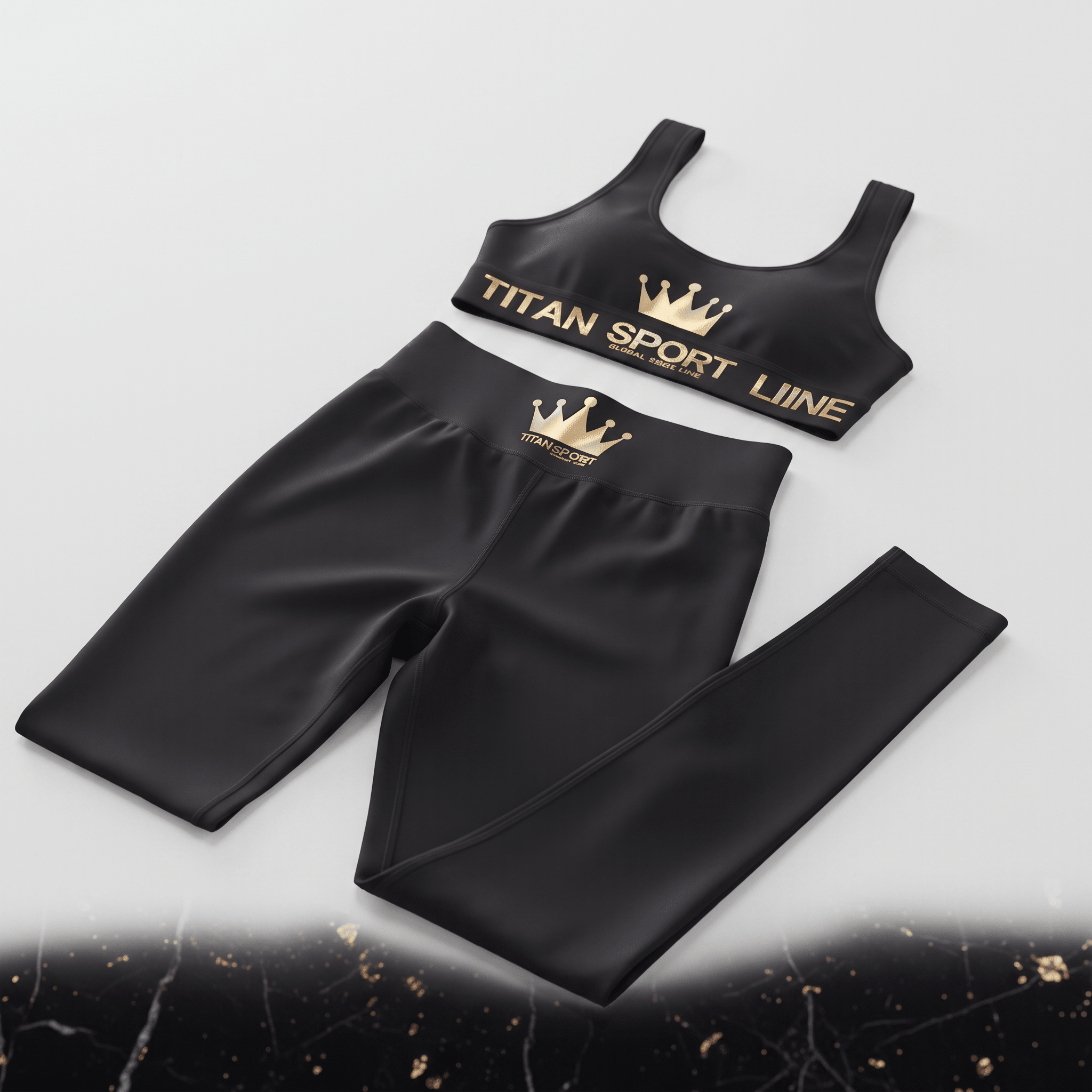 Black athletic set featuring a sports bra and leggings with gold crown logos and Titan Sport Line text.