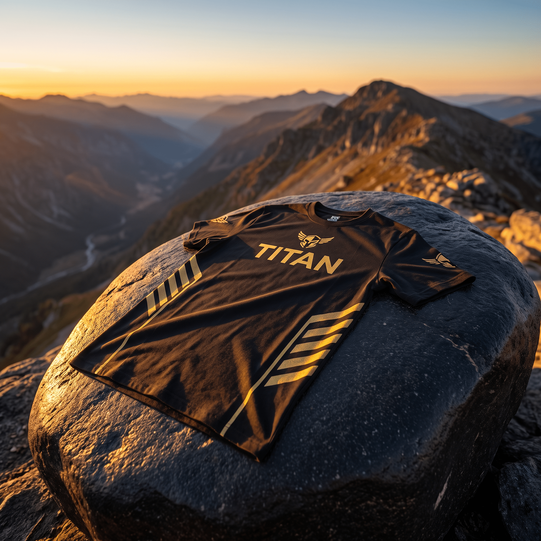 Black athletic t-shirt with gold "TITAN" logo and striped accents, resting on a rock overlooking a mountain sunset.