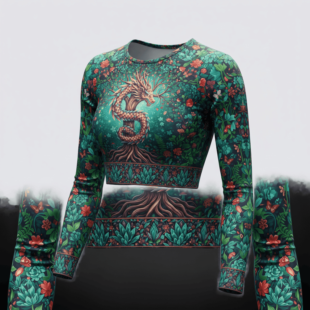 Green long-sleeve crop top with a dragon wrapped around a tree and botanical floral pattern.