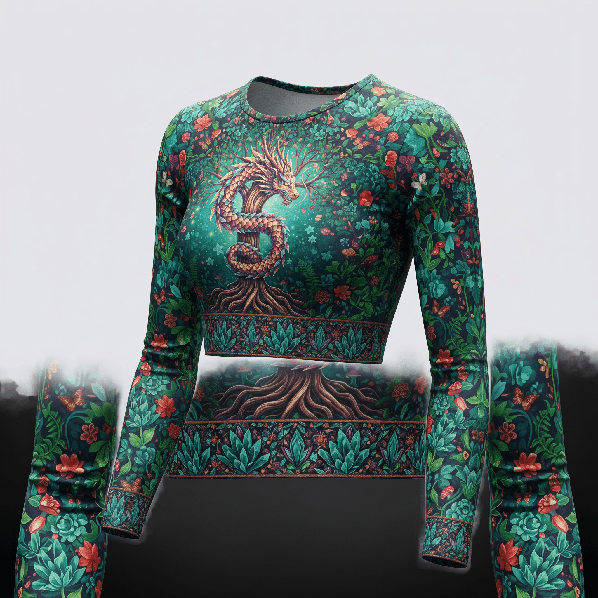Green long-sleeve crop top with a dragon wrapped around a tree and botanical floral pattern.
