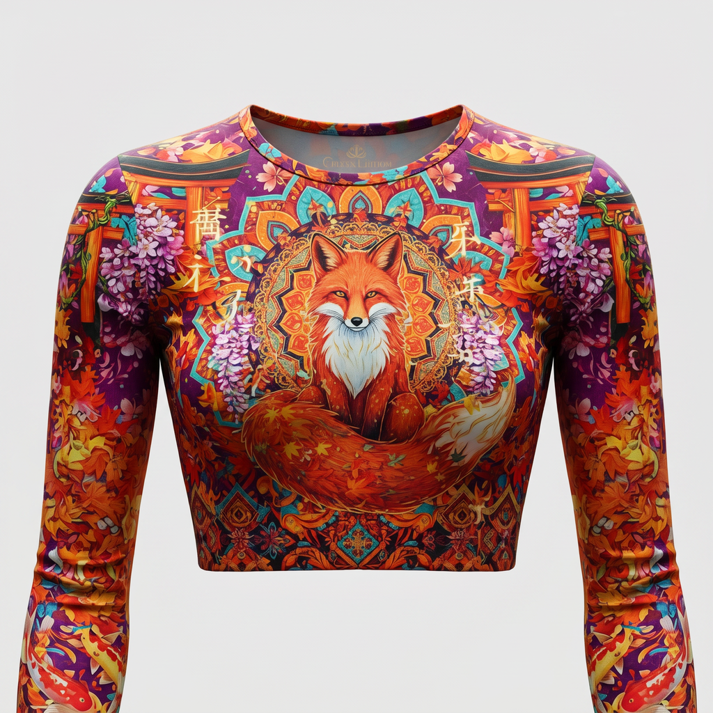 Long sleeve crop top featuring vibrant orange fox mandala print with autumn leaves and flowers.