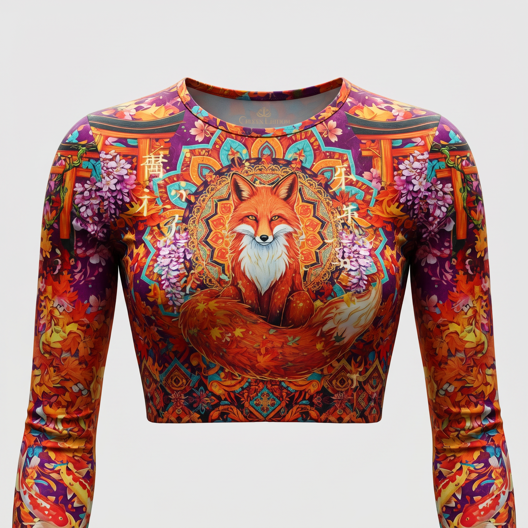 Long sleeve crop top featuring vibrant orange fox mandala print with autumn leaves and flowers.