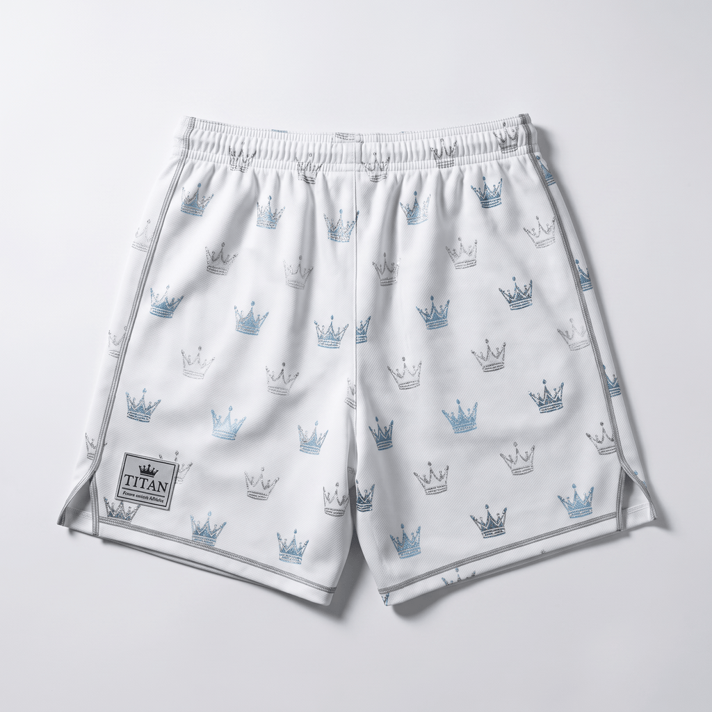 White athletic shorts with an all-over blue crown print and Titan logo patch on the left hem.