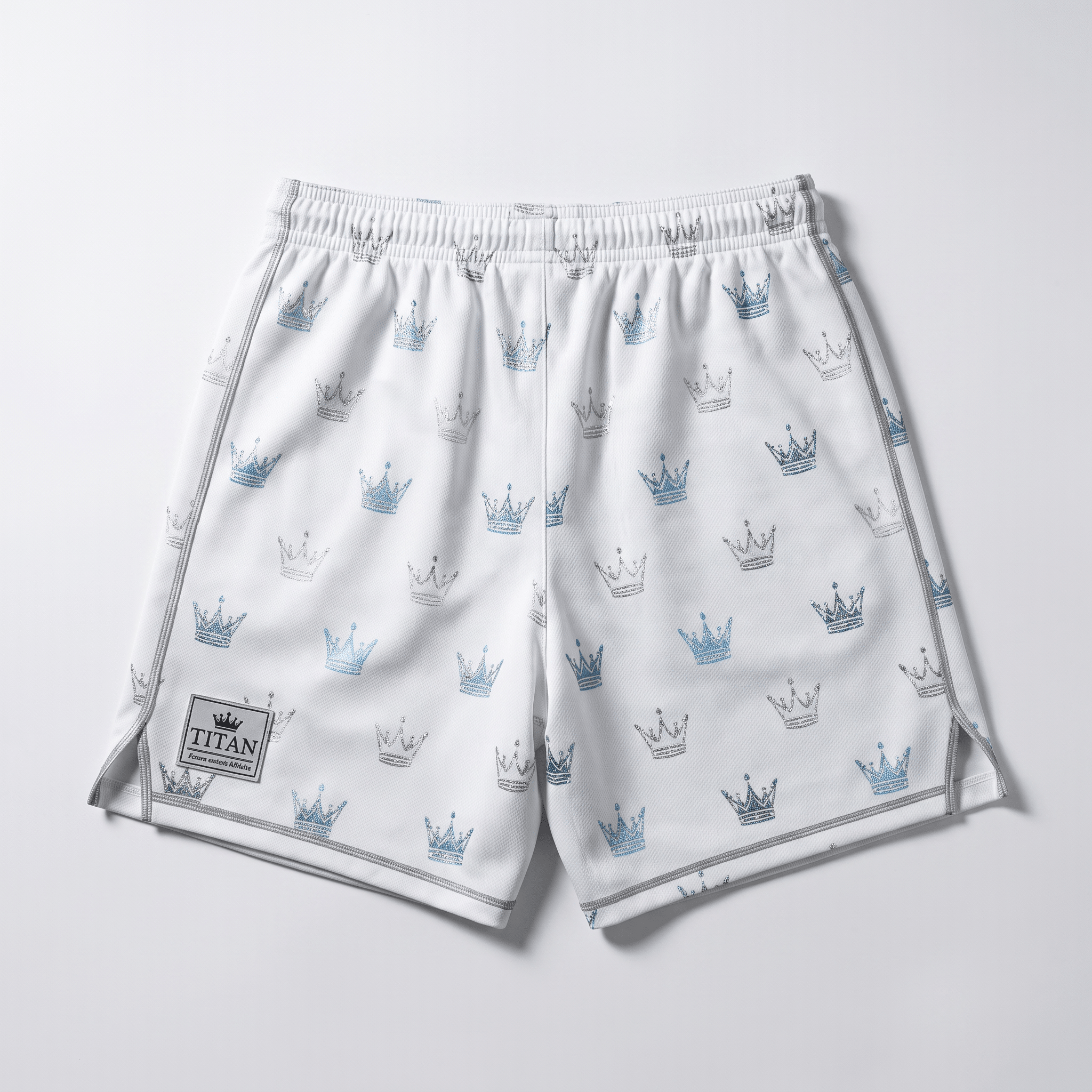 White athletic shorts with an all-over blue crown print and Titan logo patch on the left hem.