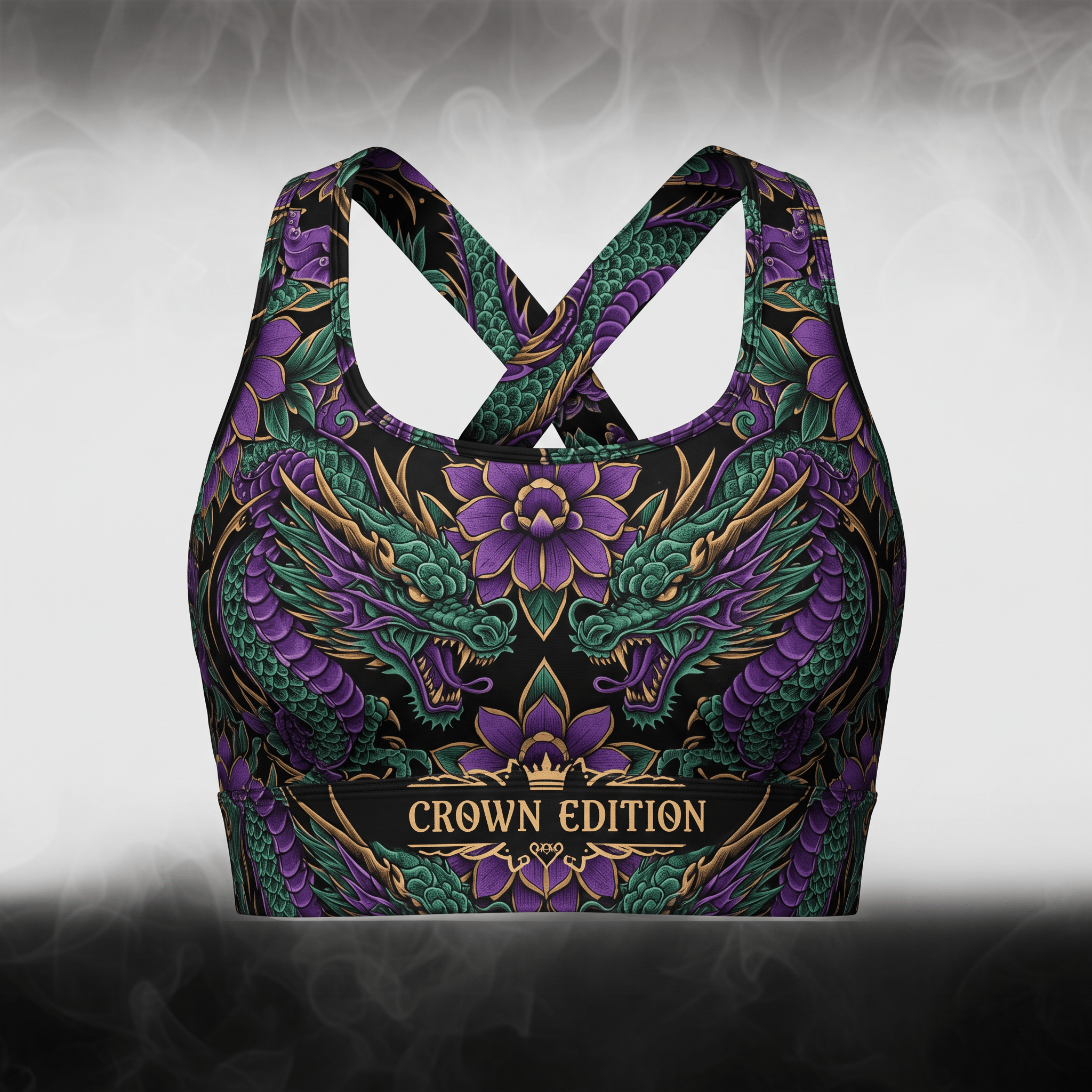 Crown Edition sports bra with black, purple, and green dragon and floral print and crisscross back straps.