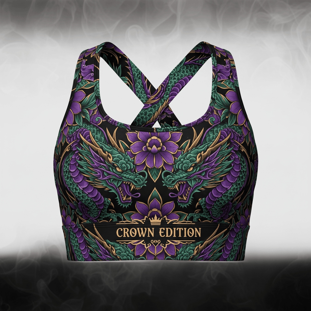 Black sports bra with purple and green dragon and floral pattern and Crown Edition text.