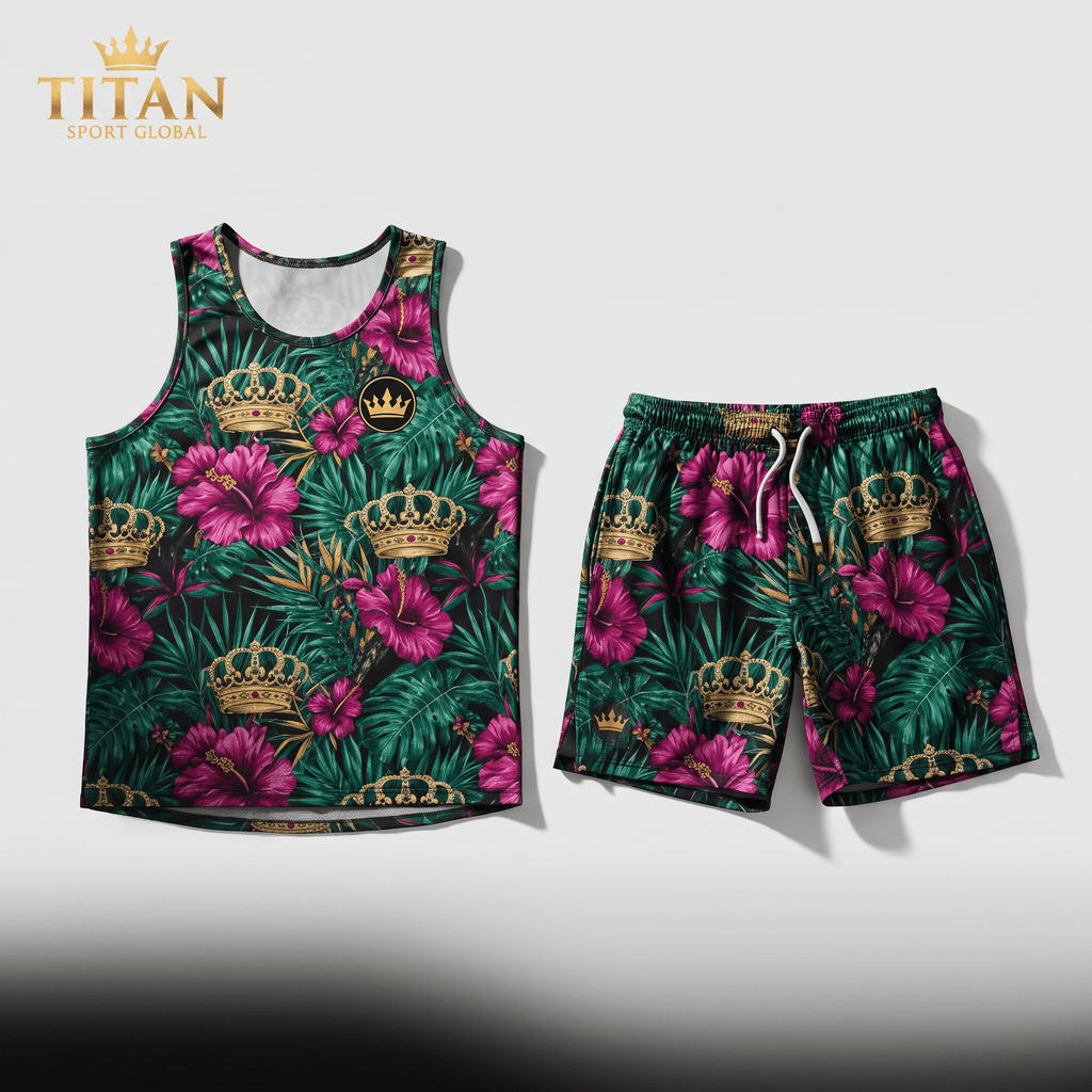 Green floral print tank top and shorts set featuring golden crowns and pink hibiscus flowers on a dark background.