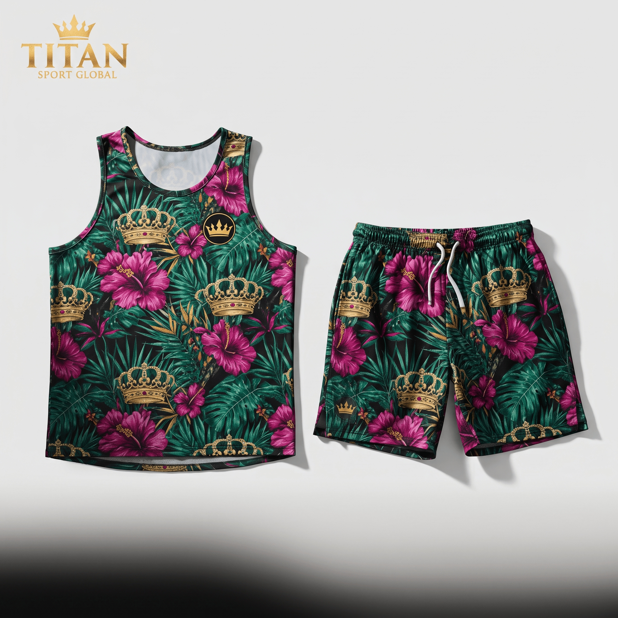 Green floral print tank top and shorts set featuring golden crowns and pink hibiscus flowers on a dark background.