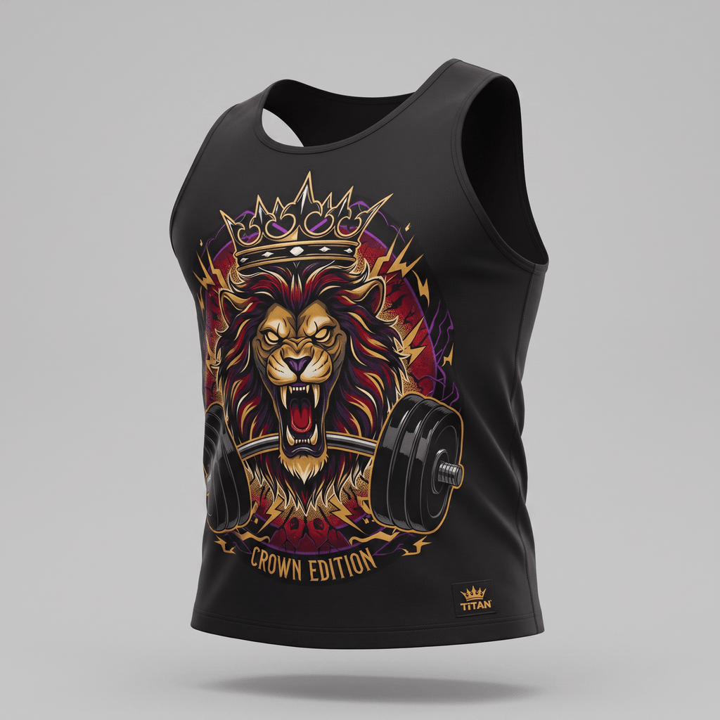 Black workout tank top featuring a graphic of a roaring lion wearing a crown lifting a barbell.