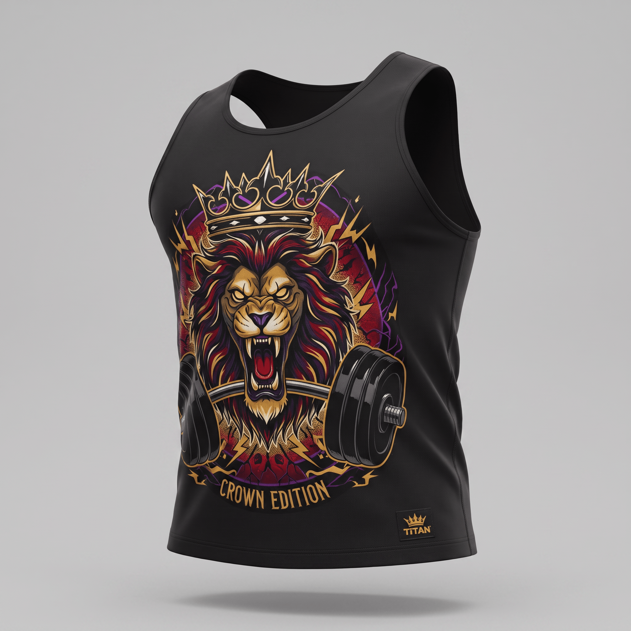 Black workout tank top featuring a graphic of a roaring lion wearing a crown lifting a barbell.
