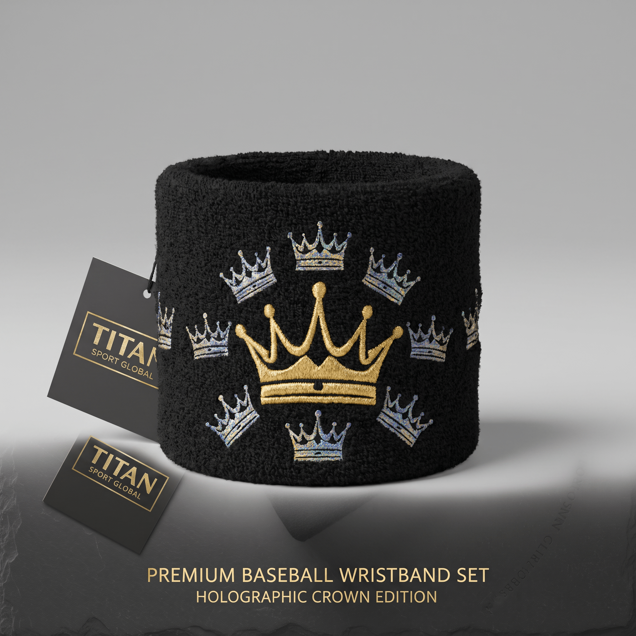 Black athletic wristband with embroidered gold and holographic crowns, featuring Titan Sport Global branding.