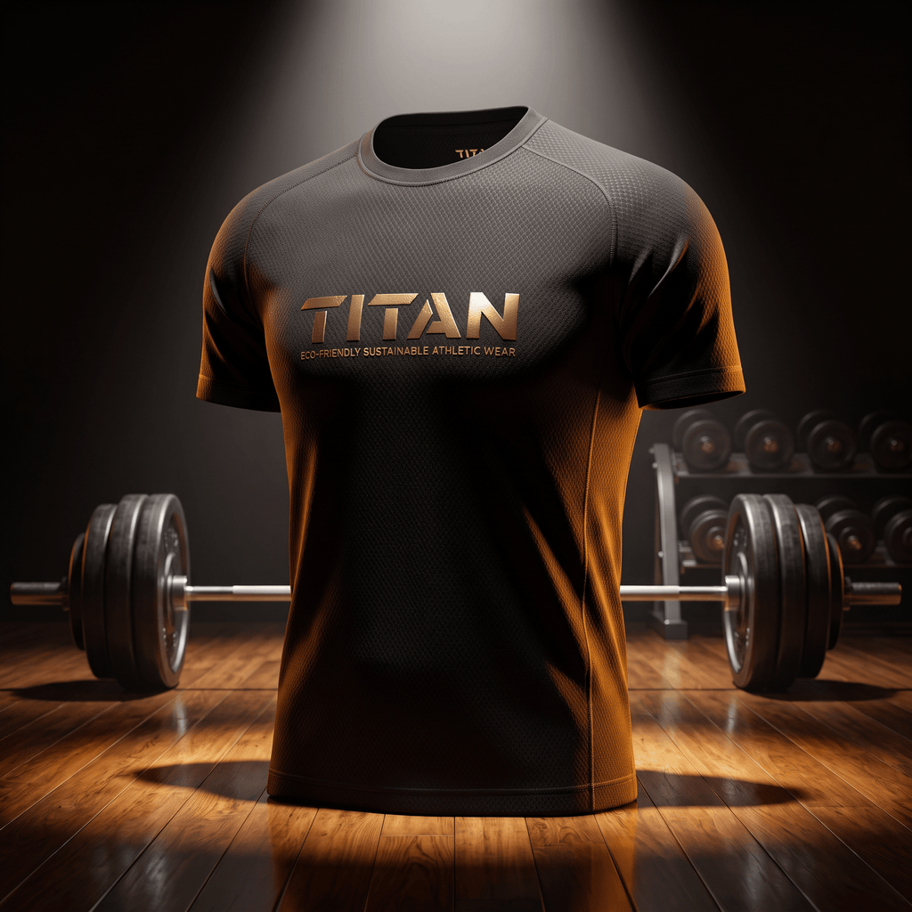 Black athletic t-shirt with textured fabric and metallic gold "TITAN" logo, centered in a gym with weights.