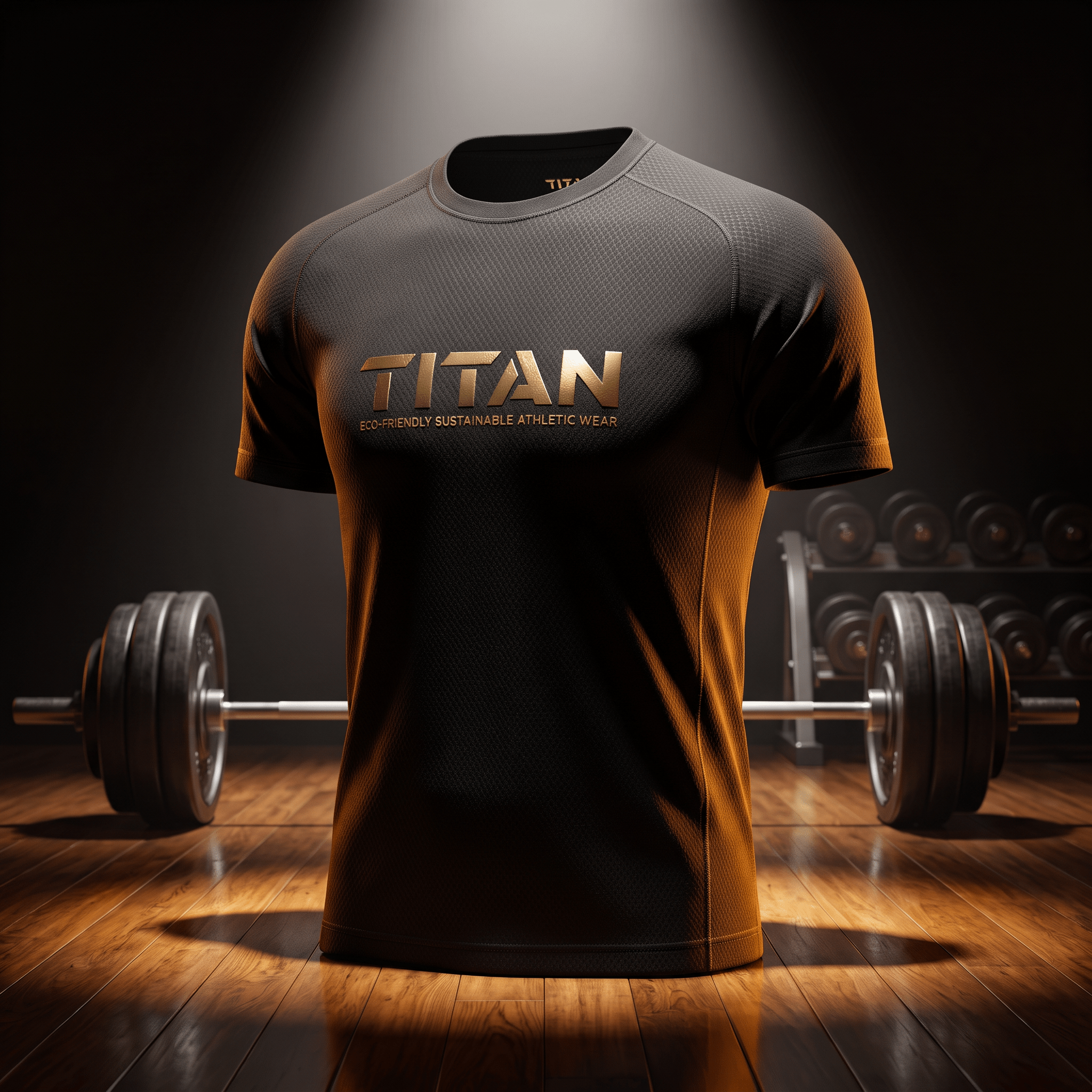 Black athletic t-shirt with textured fabric and metallic gold "TITAN" logo, centered in a gym with weights.