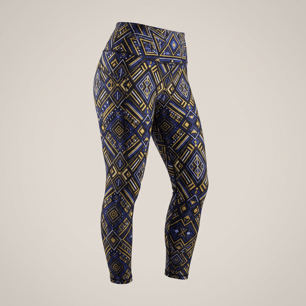 High-waisted athletic leggings in blue and gold with a geometric Aztec pattern on a neutral background.