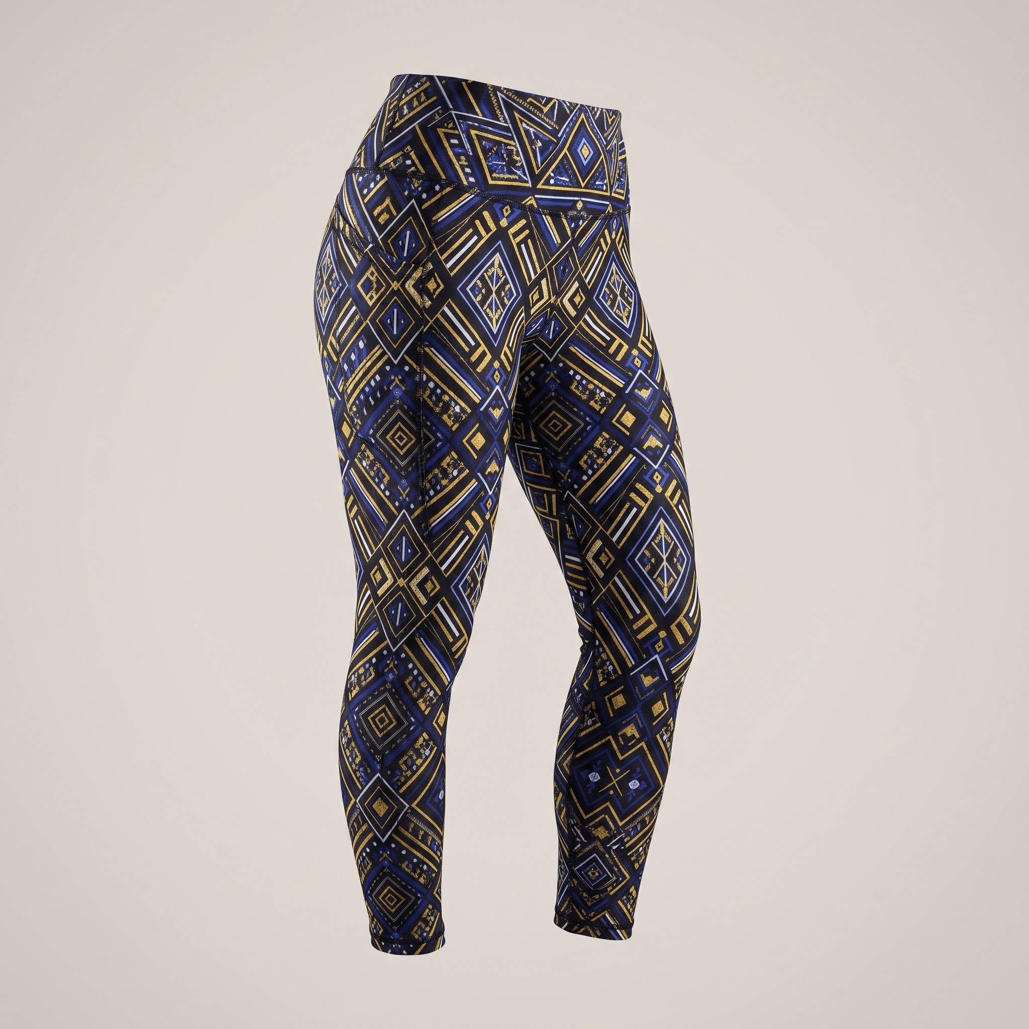 Blue and gold geometric pattern high-waisted athletic leggings displayed on an invisible form.