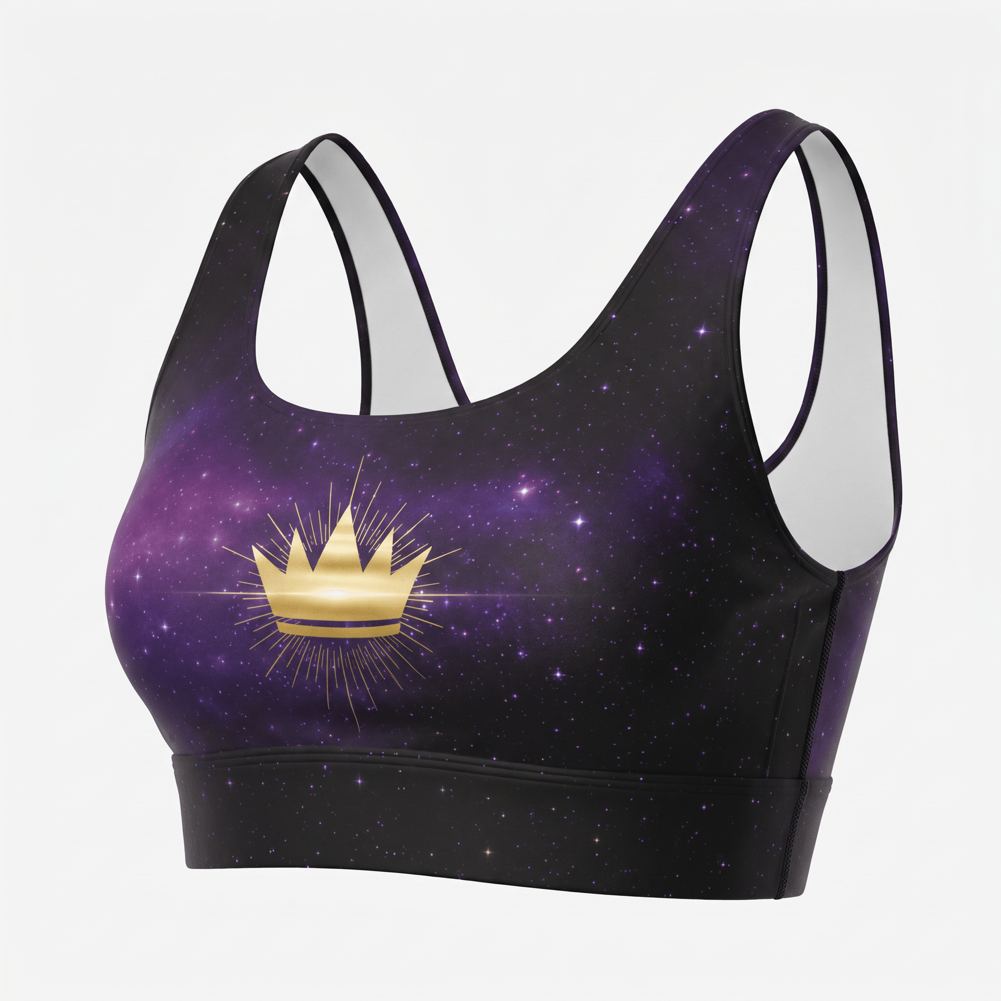 Purple galaxy print sports bra featuring a gold crown graphic on the front against a starry night sky.