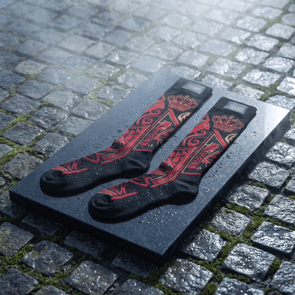Black athletic socks with a red and gold crown and ornate pattern, displayed on a wet stone surface.