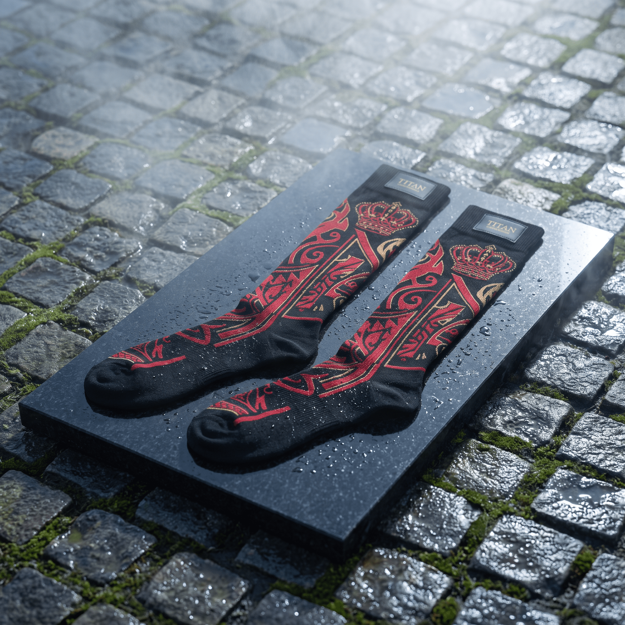 Black athletic socks with a red and gold crown and ornate pattern, displayed on a wet stone surface.