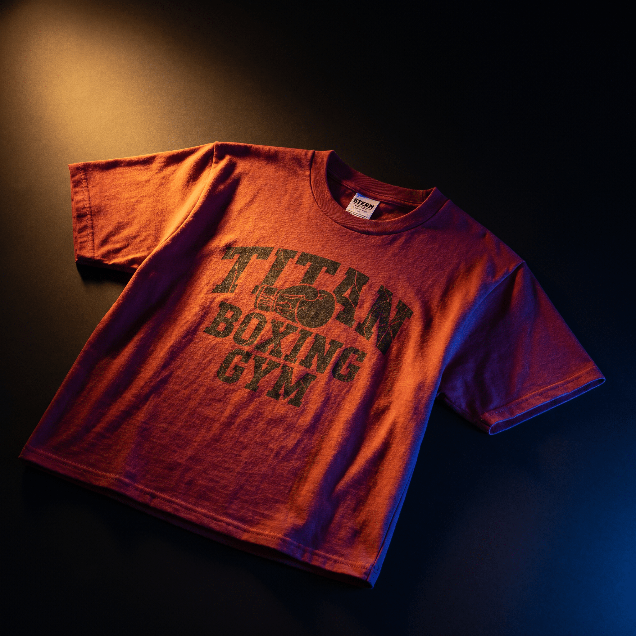 Rust-colored T-shirt featuring black "TITAN BOXING GYM" text and a boxing glove icon on a dark background.
