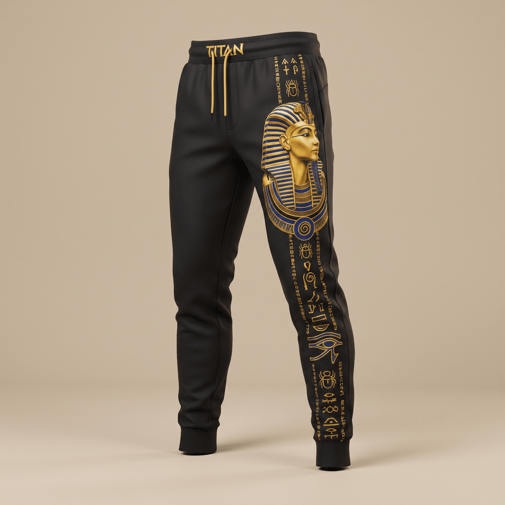 Black joggers with gold and blue Egyptian pharaoh graphic and hieroglyphs on the right leg.