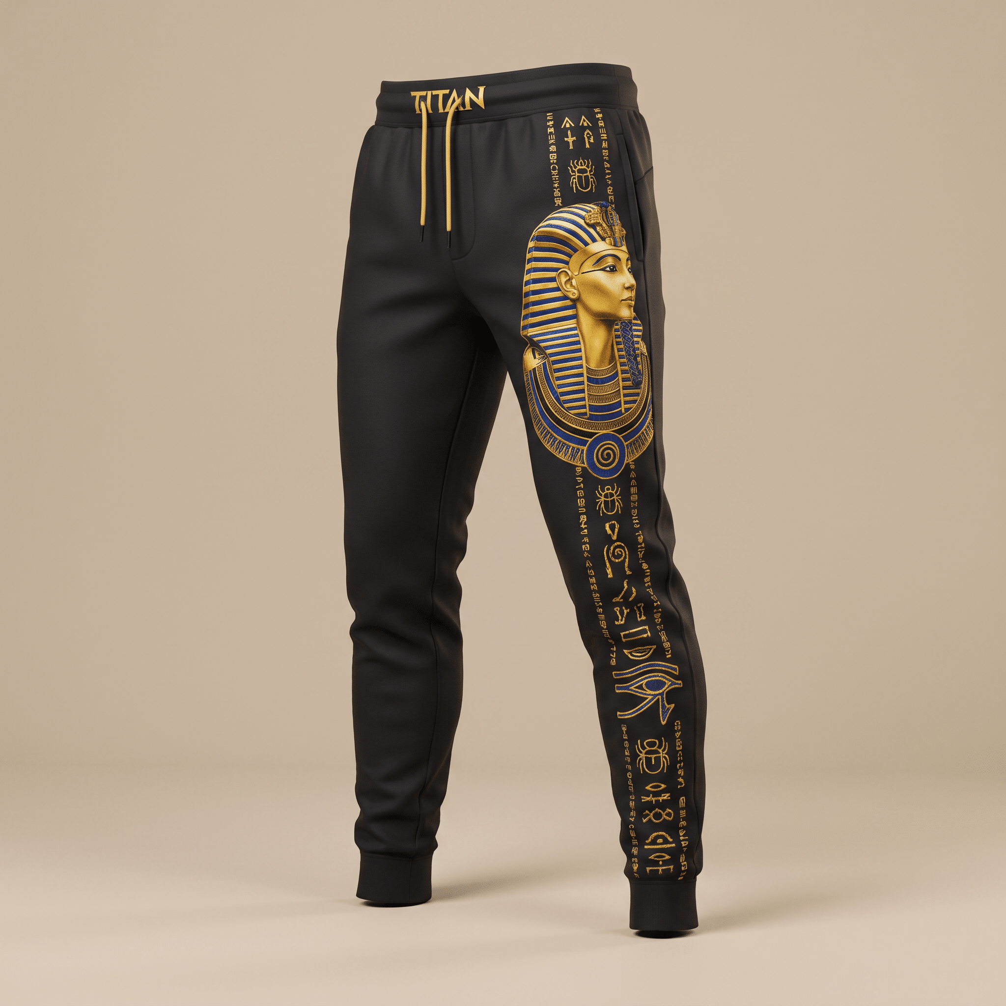 Black joggers with gold and blue Egyptian pharaoh graphic and hieroglyphs on the right leg.
