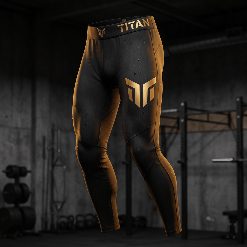 Black athletic leggings with gold Titan branding and logo, featuring a moisture-wicking texture in a gym setting.