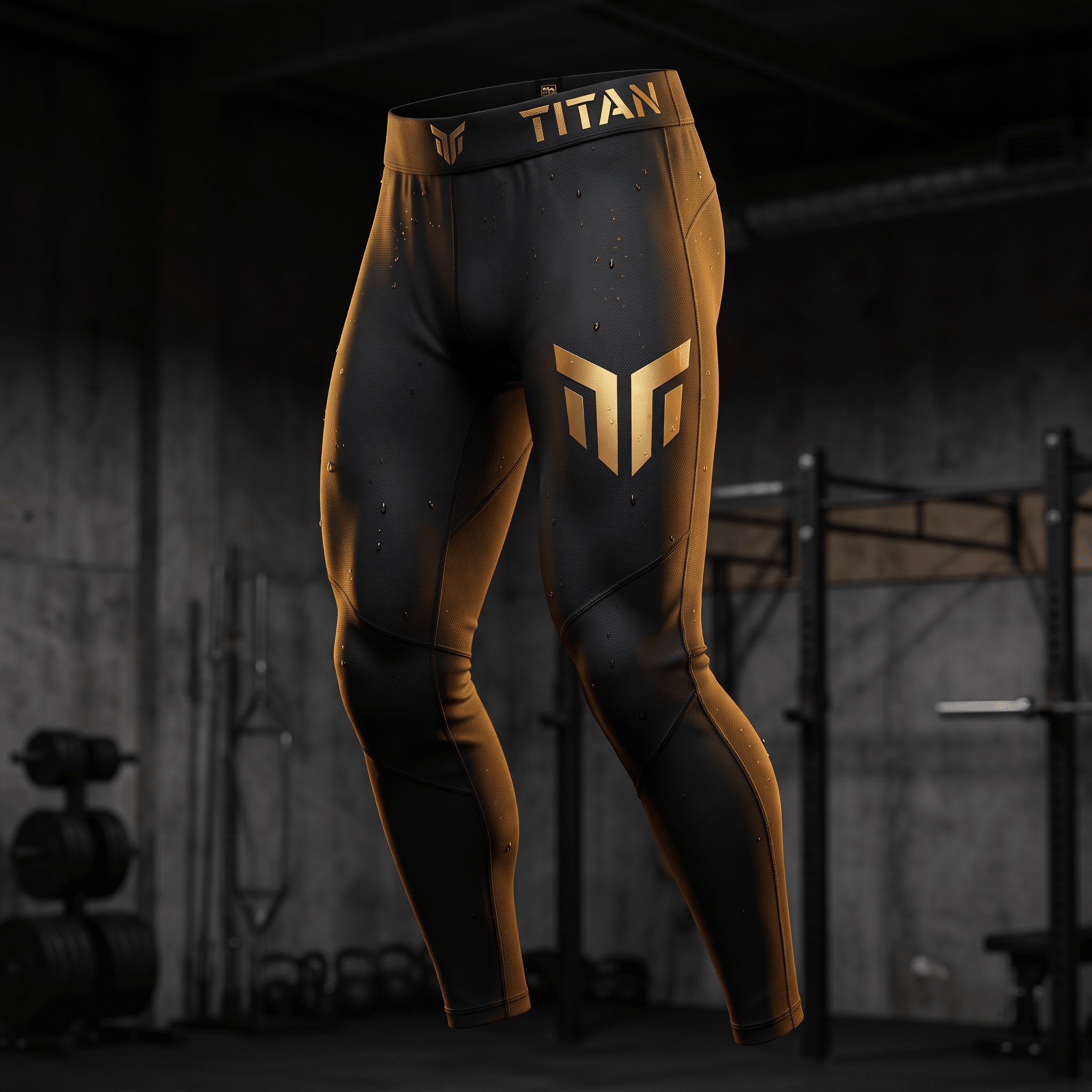 Black athletic leggings with gold Titan branding and logo, featuring a moisture-wicking texture in a gym setting.