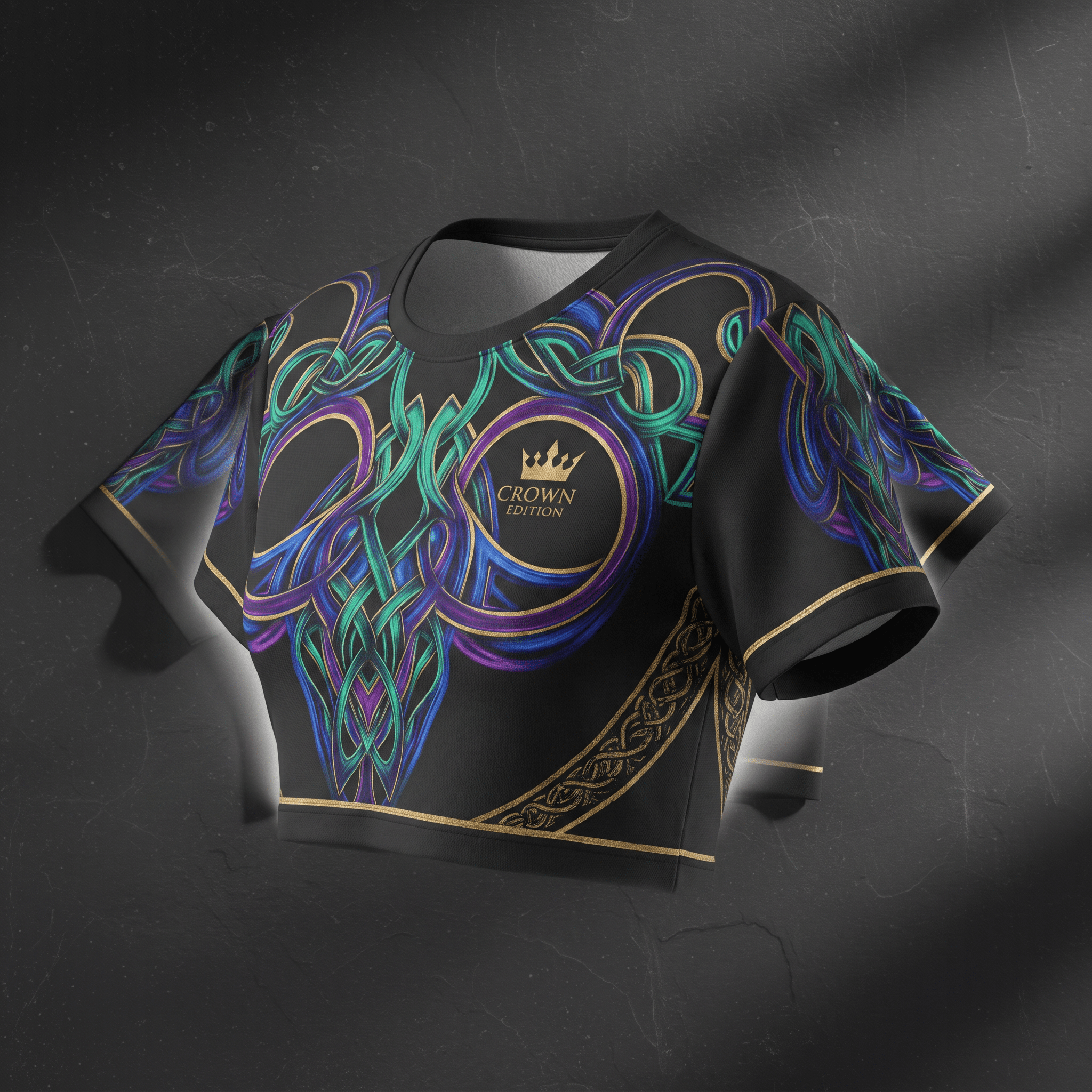 Black crop top with blue and green abstract Celtic knotwork, gold trim, and Crown Edition logo.