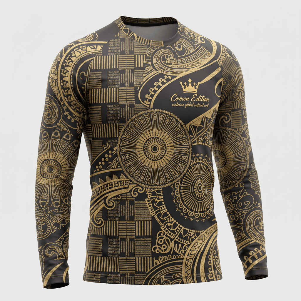Black long-sleeve rash guard with gold intricate mandala patterns and Crown Edition branding on the chest.