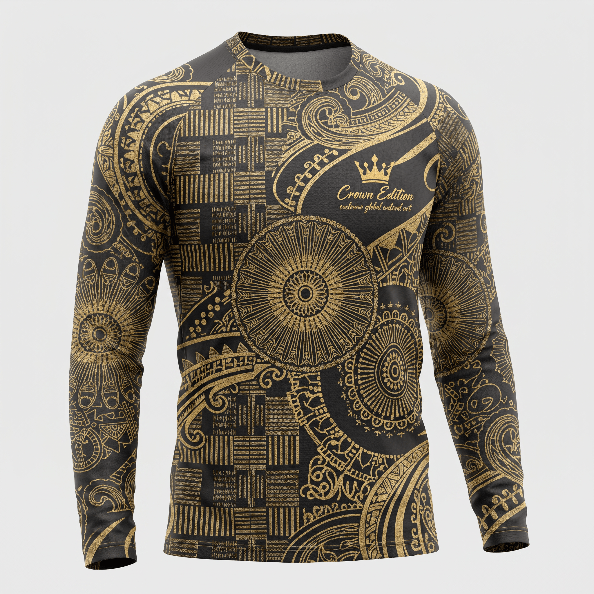 Black long-sleeve rash guard with gold intricate mandala patterns and Crown Edition branding on the chest.