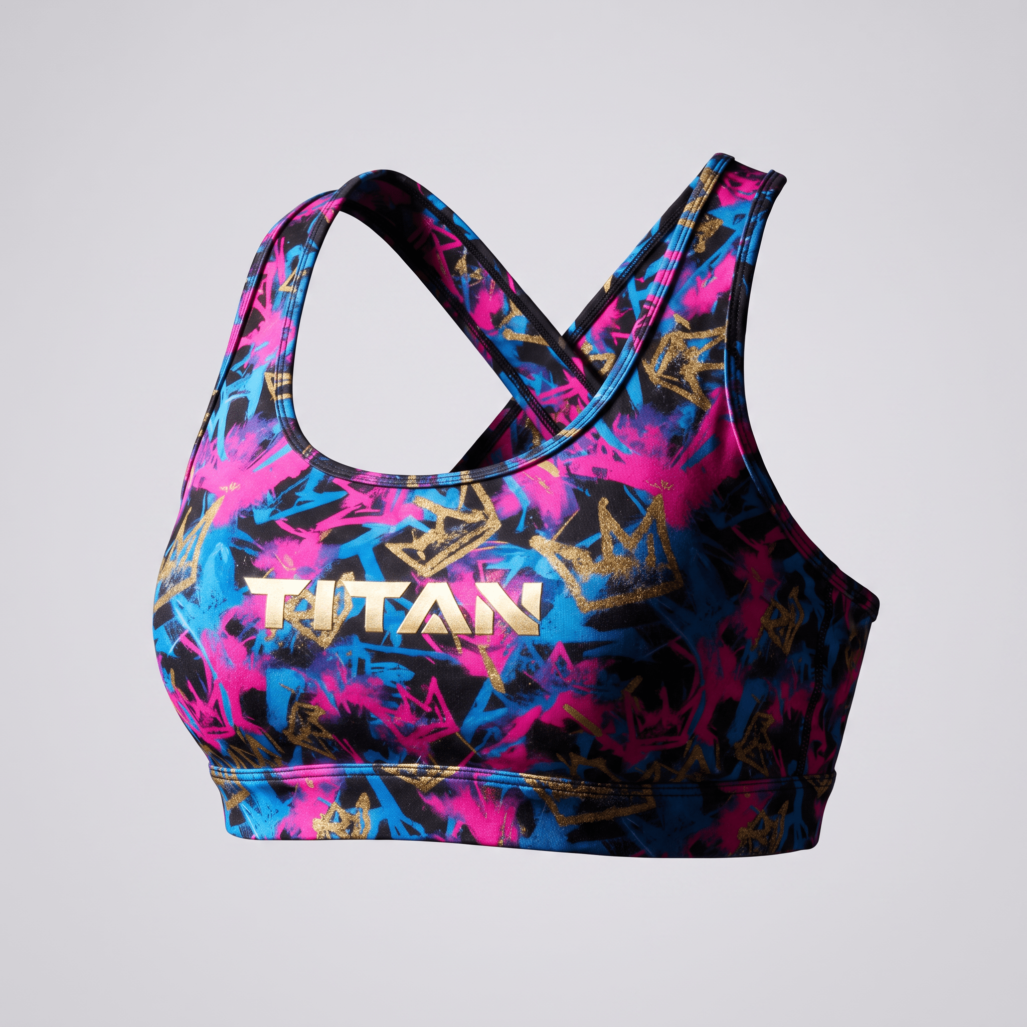 Titan sports bra with pink, blue, and gold crown graffiti print and a crisscross back.
