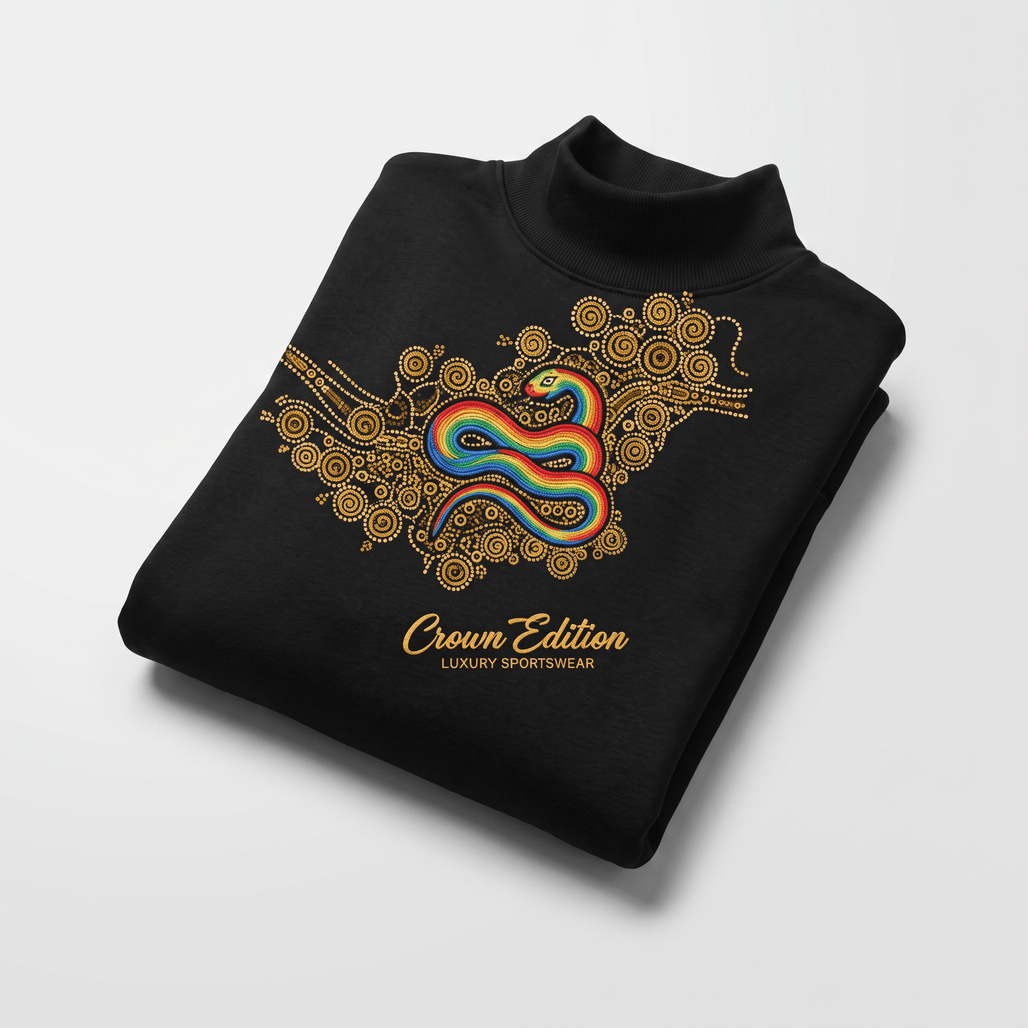 Folded black mock neck sweatshirt with a colorful rainbow snake and gold dot art print.