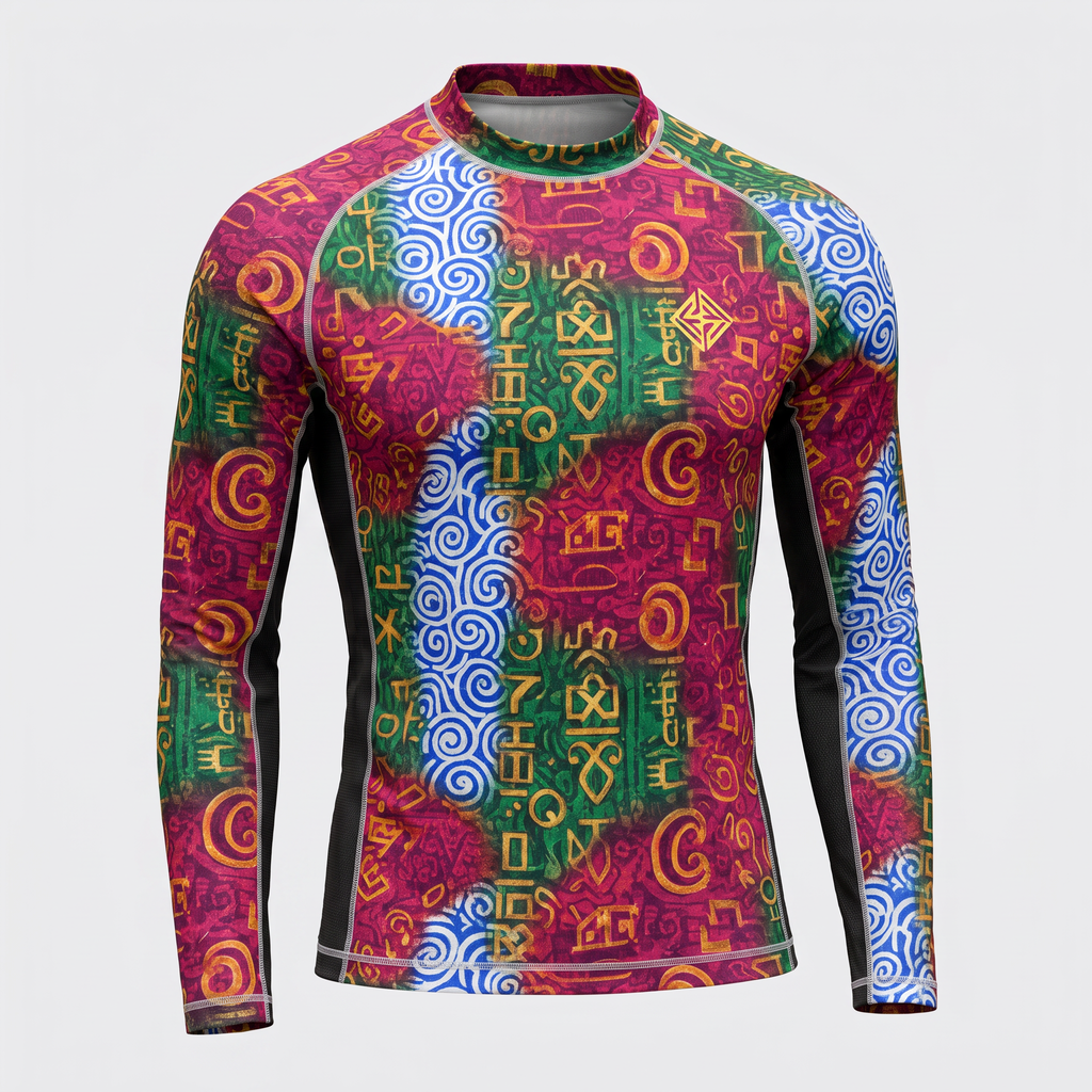 Long sleeve rash guard featuring a colorful abstract pattern with pink, green, blue, and gold symbols.