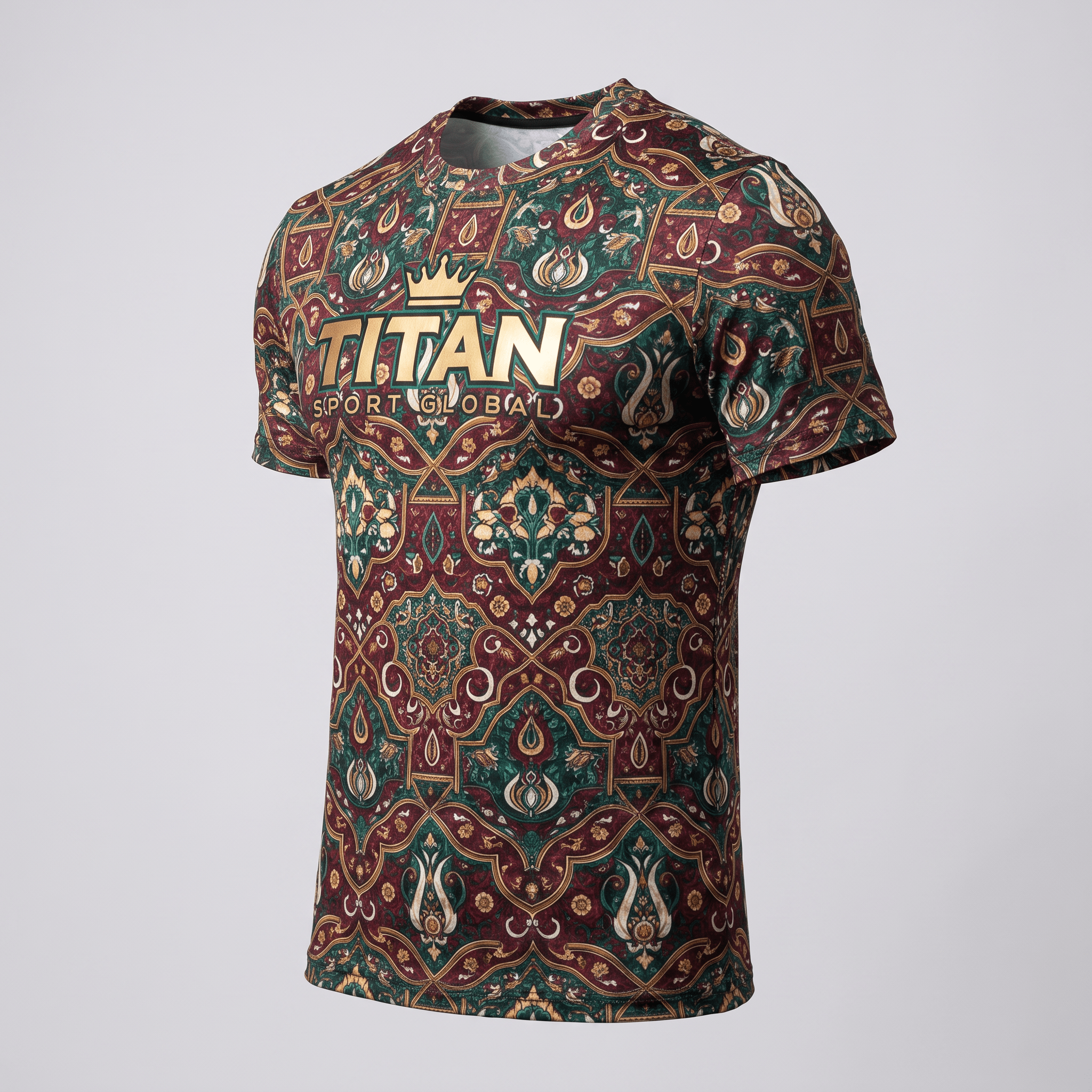 Maroon and green patterned crewneck t-shirt with gold Titan Sport Global logo.