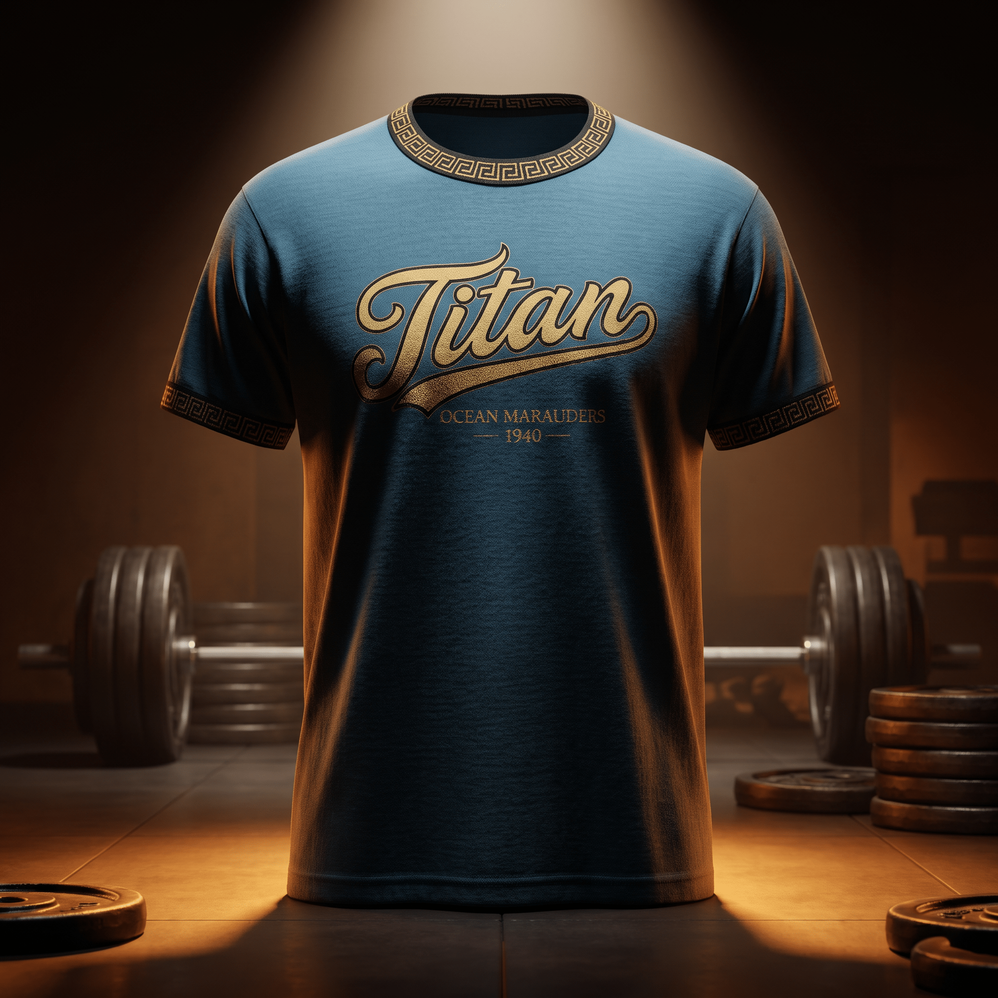 Blue short-sleeve t-shirt with gold "Titan" text, Greek key collar/sleeve trim, in a gym setting with barbells.