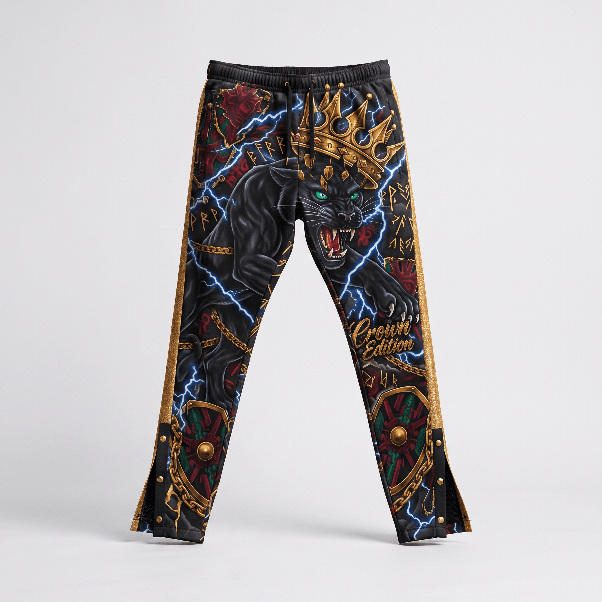 Black joggers with a graphic print of a crowned black panther, lightning, and gold side stripes.
