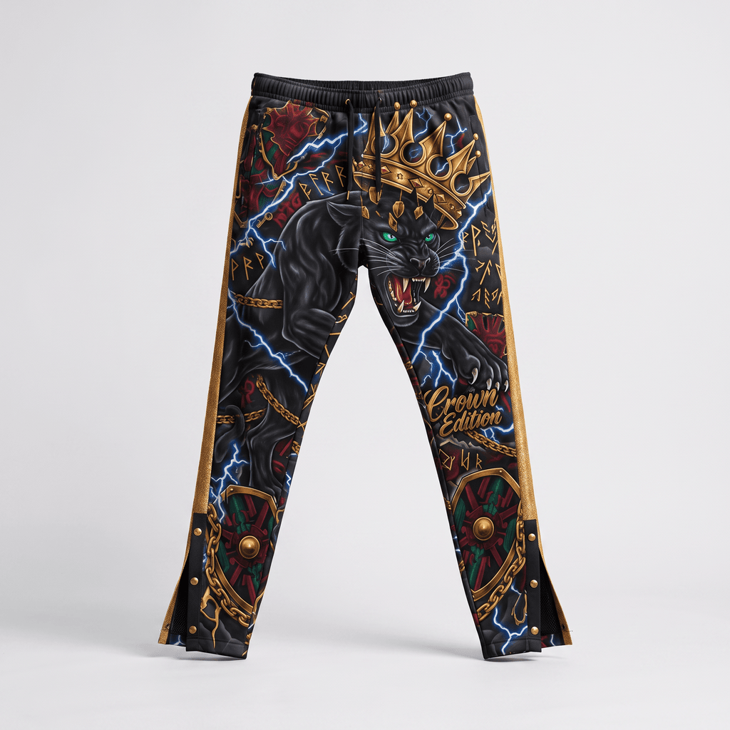 Black track pants featuring a crowned black panther, lightning bolts, and gold side stripes on a white background.