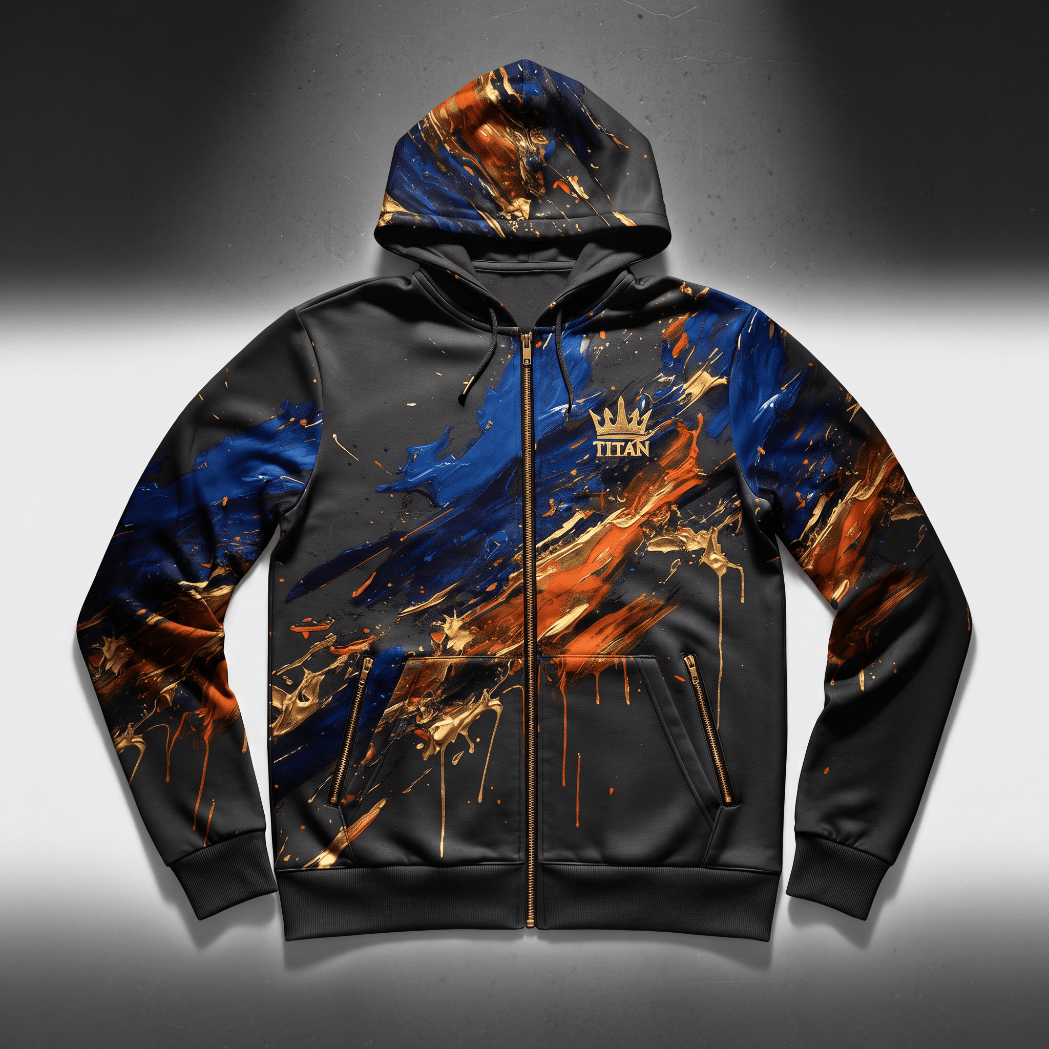 Black zip-up hoodie featuring blue and gold paint splatter print and gold Titan crown logo.