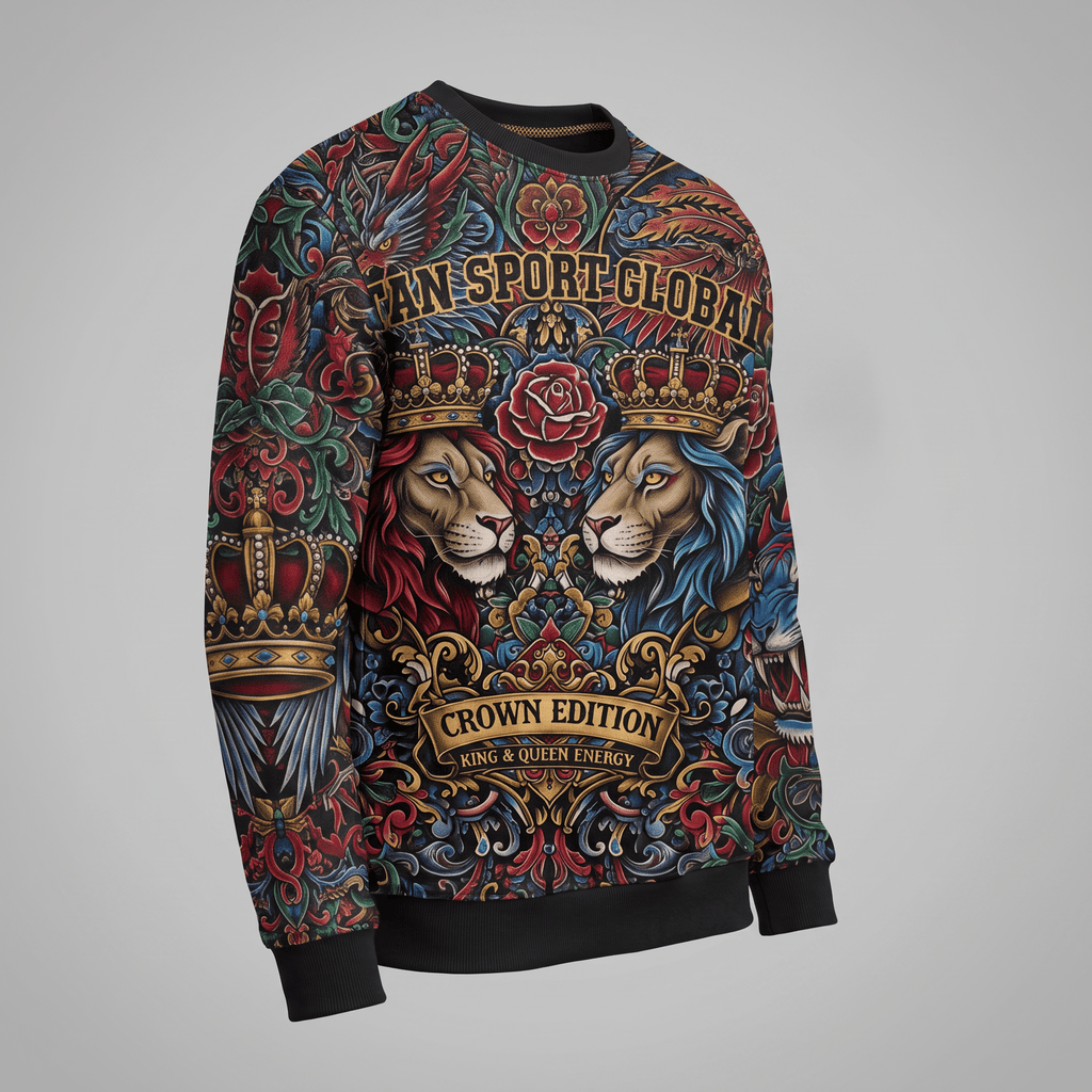 Black crewneck sweatshirt featuring a colorful baroque print with crowned lions and roses.