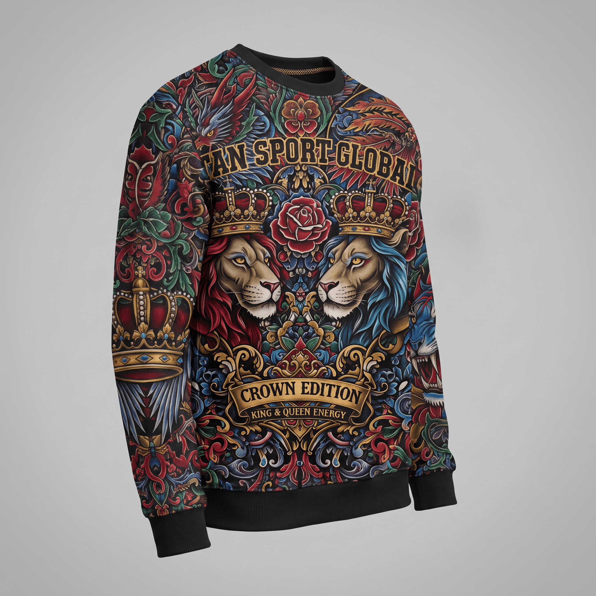 Black crewneck sweatshirt with red and blue crown edition lion graphic print.