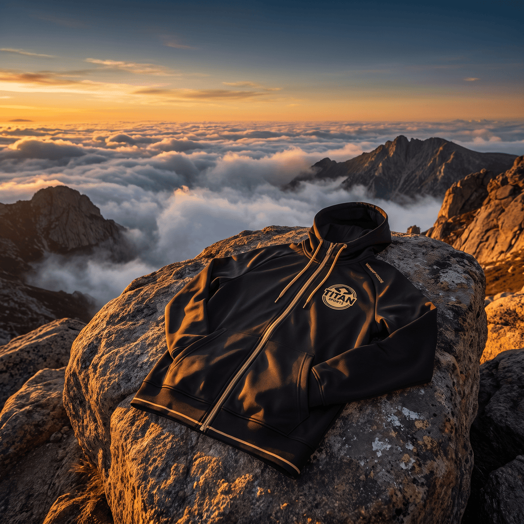 Black zip-up hoodie with gold Titan Sports logo and trim, displayed on a mountain rock above clouds at sunset.