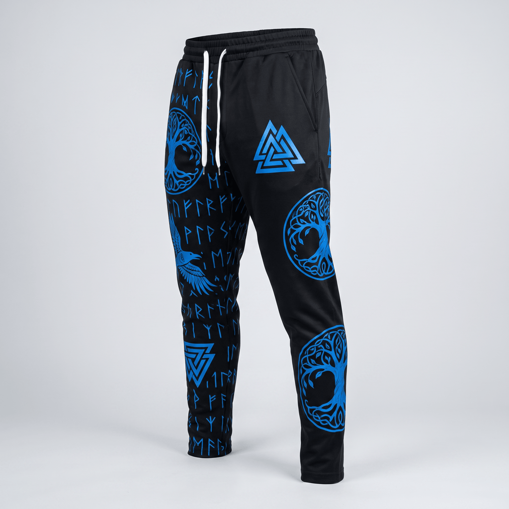 Black joggers with blue Norse runic patterns, Tree of Life, and Valknut designs with white drawstrings.