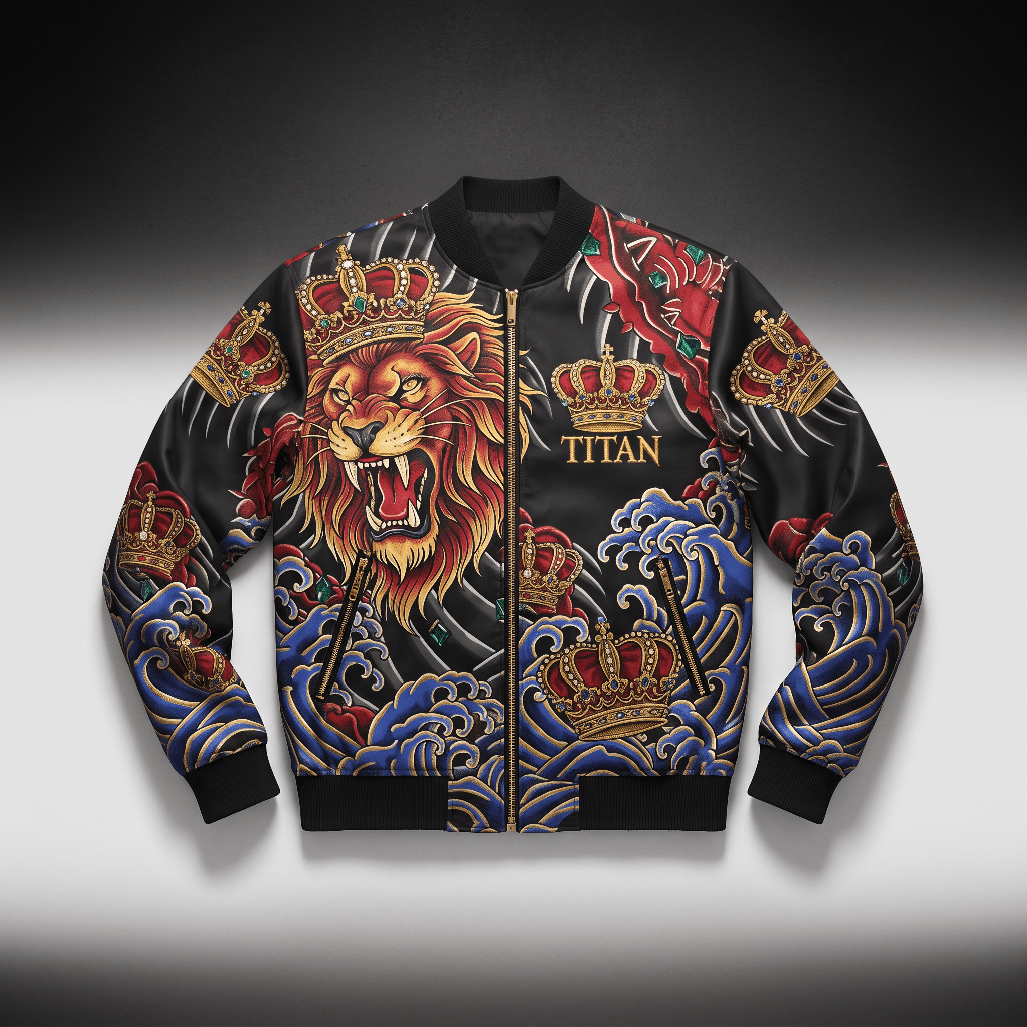 Black bomber jacket featuring a roaring lion, golden crowns, and blue waves.