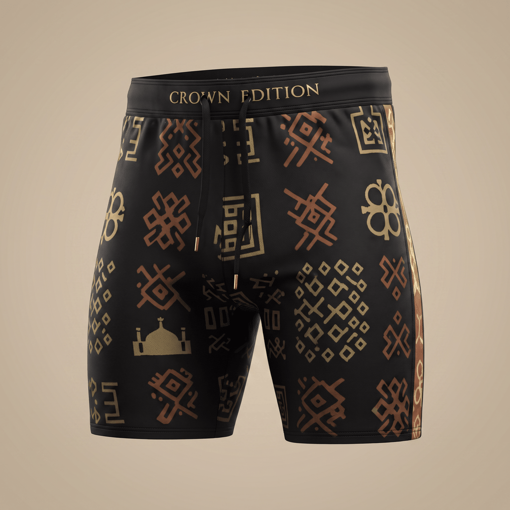Black athletic shorts with gold tribal symbols and Crown Edition waistband.