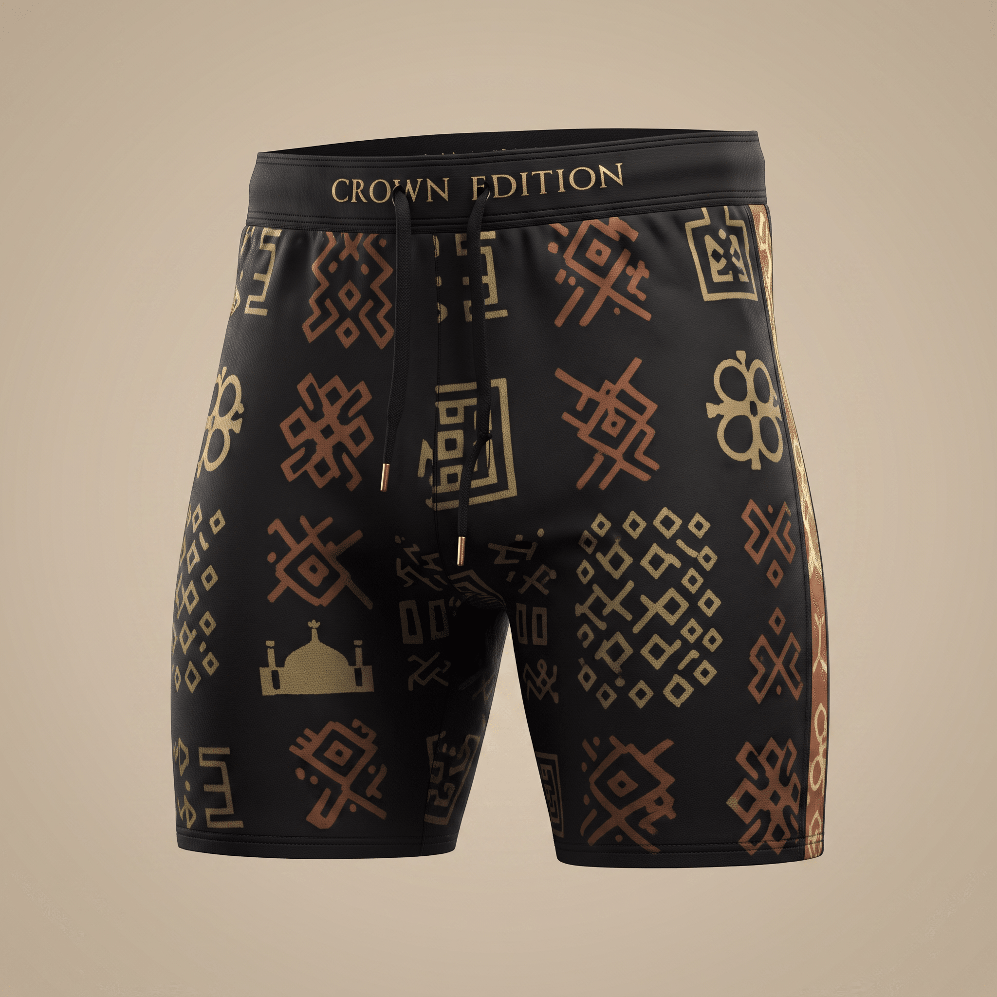 Black athletic shorts with gold tribal symbols and Crown Edition waistband.
