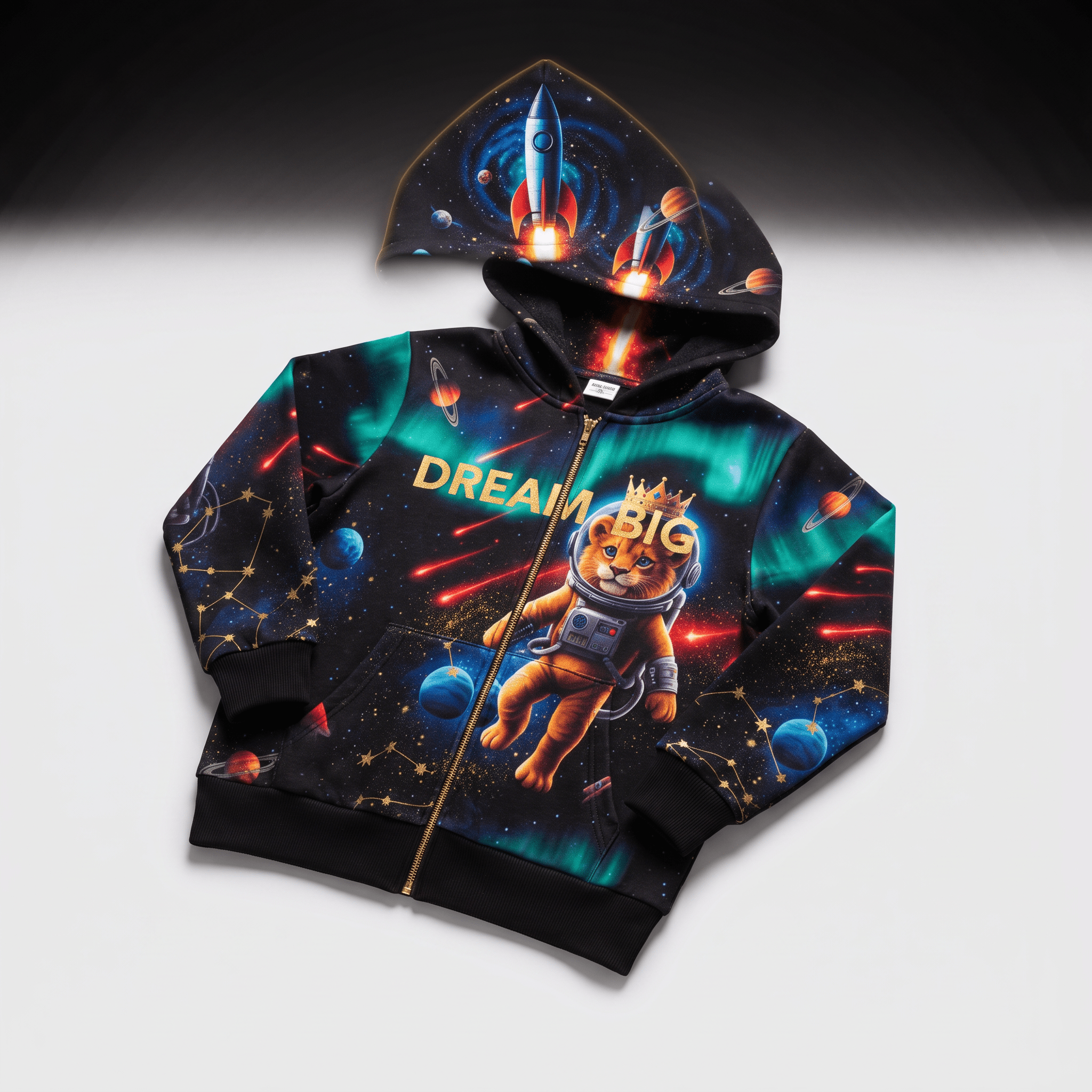 Black space-themed zip-up hoodie featuring a crown-wearing astronaut lion, rockets, planets, and Dream Big text.