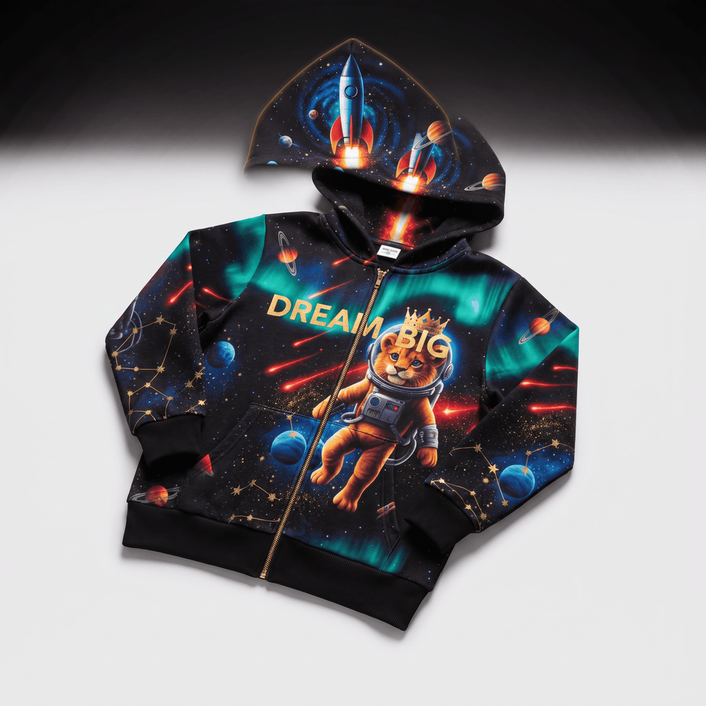 Black zip-up hoodie featuring a space print with a lion astronaut, planets, and the text dream big.