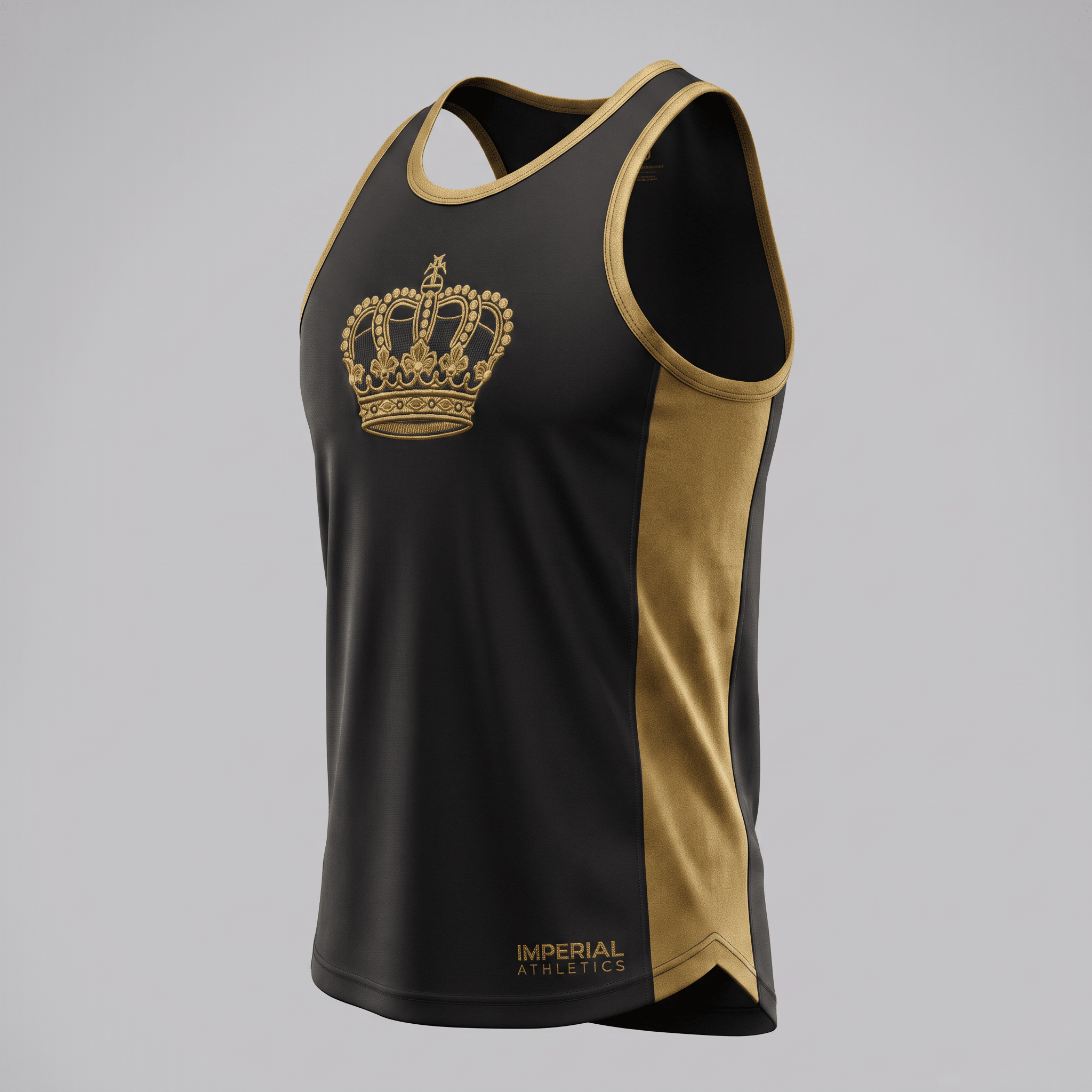 Black and gold athletic tank top with a crown logo on the chest and Imperial Athletics branding.